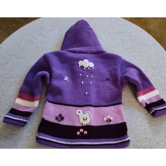 PERUVIAN HAND KNIT PATCHWORK HOODED ZIP UP PURPLE PINK SWEATER NWT - Picture 2 of 7